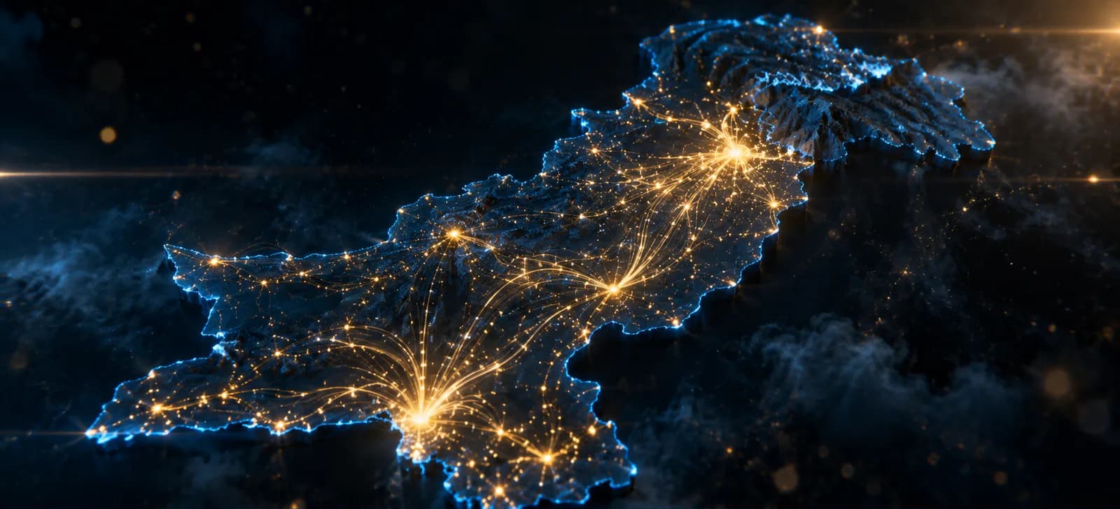 Pakistan rendered as a lit network of branch cash routes.